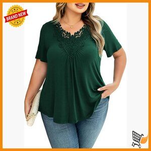 Plus Size Lace Crochet Tunic Top Short Sleeve V-Neck Blouse